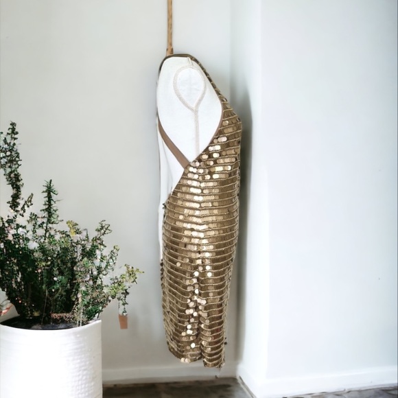 BCBG Maxazria IMAN SEQUIN BRONZE COIN CRISS CROSS PAILLETTE COIN MINI DRESS - Picture 13 of 13